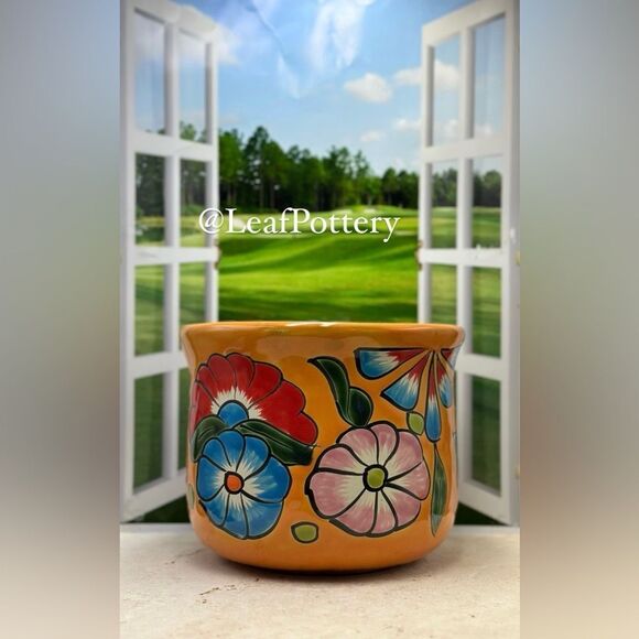 Vibrant Mexican Floral Art Barrel Planter | Hand-Painted Ceramic Clay Pot - Picture 4 of 10